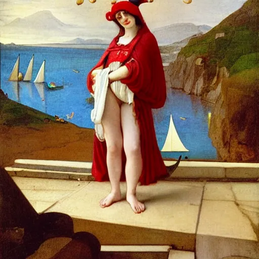 Image similar to A girl with jester hat and clothes on a greek archi circle on the front of a Balustrade with a beach and a sail boat on the background, major arcana cards, by paul delaroche, hyperrealistic 8k, very detailed