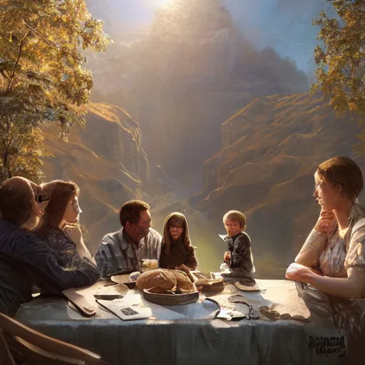 Prompt: epic masterpiece of cinematographic hyperrealism where a family of 3 happy people appears in an advanced technological world. realistic shaded lighting poster by craig mallismo, artgerm, jeremy lipkin and michael garmash, unreal engine, radiant light, detailed and intricate environment, digital art, art station trends