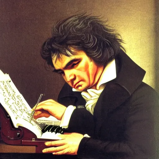 Prompt: Beethoven writing on a typewriter