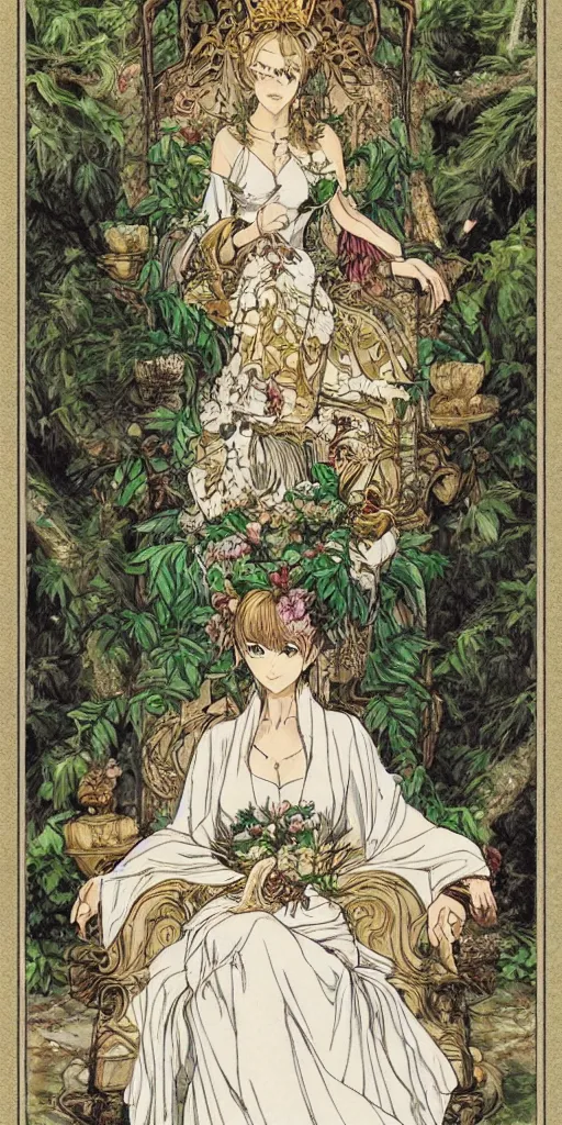 Image similar to an highly detailed magical empress sitting by herself on a sofa in a forest wearing a white robe drawn by cloverworks studio, elegant and beautiful, tarot card, Tarot card the empress, rich colors