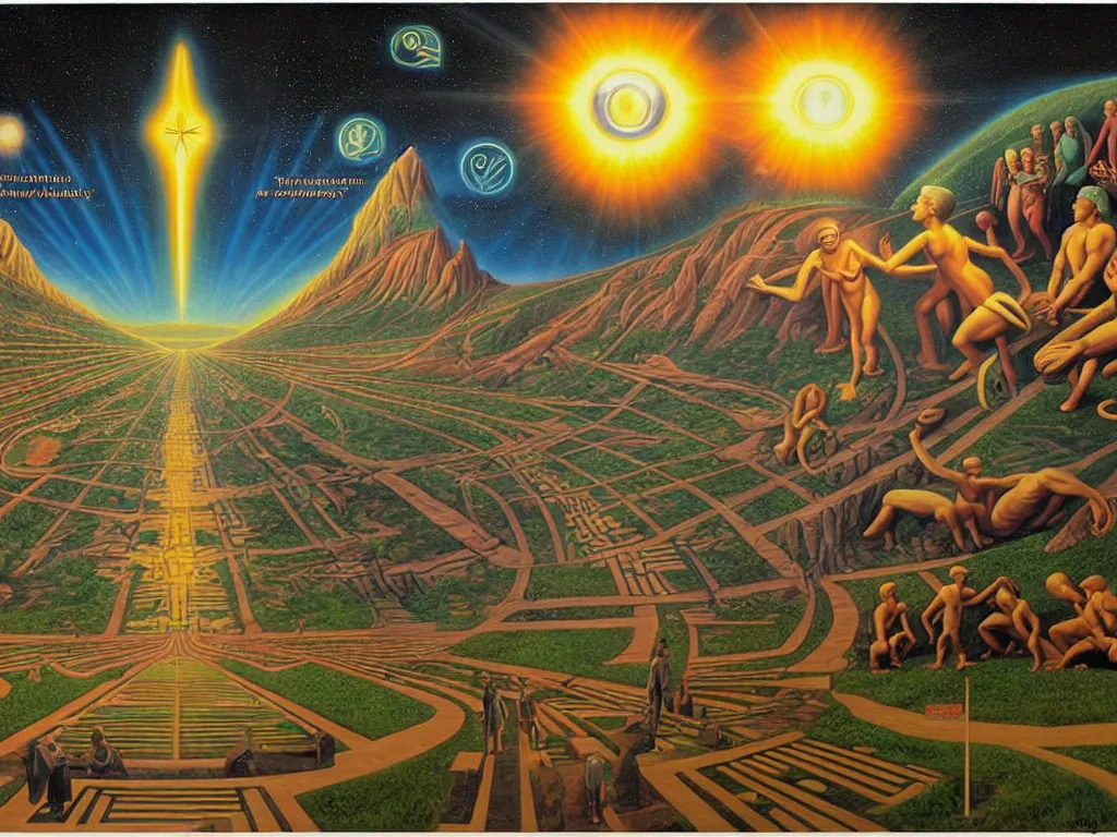 Image similar to human evolution path, spiritual science, divinity, utopian civilization, by david a. hardy, wpa, public works mural, socialist