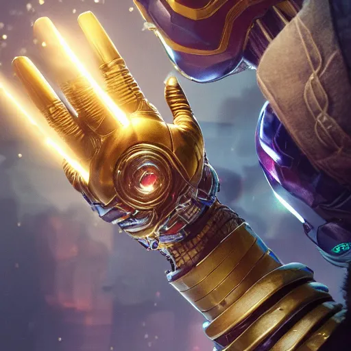 Image similar to the infinity gauntlet being worn by thor, au naturel, hyper detailed, digital art, trending in artstation, cinematic lighting, studio quality, smooth render, unreal engine 5 rendered, octane rendered, art style by klimt and nixeu and ian sprigger and wlop and krenz cushart