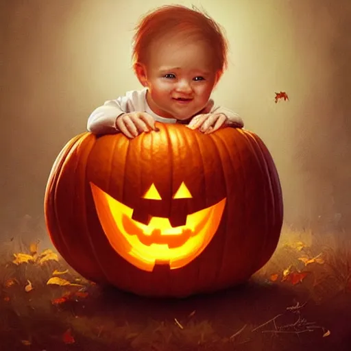 Prompt: a cute happy baby sitting inside a pumpkin. halloween themed painting by artgerm and greg rutkowski.