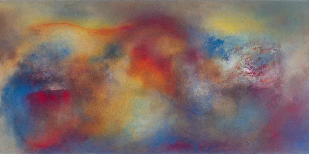 Prompt: the inner structure of quantum reality waves. Oil on canvas. Modern painting. Zao Wou-ki.