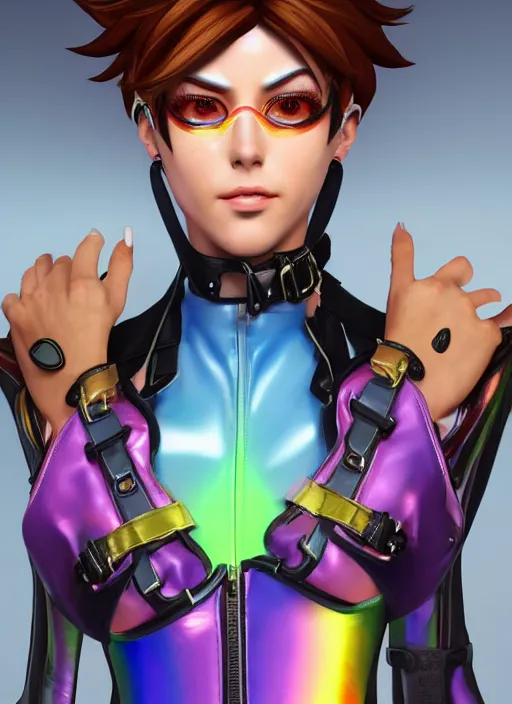 Image similar to portrait bust digital artwork of tracer overwatch, wearing iridescent rainbow latex and leather straps catsuit outfit, neon makeup, in style of mark arian, angel wings, wearing detailed leather collar, chains, black leather harness, detailed face and eyes,