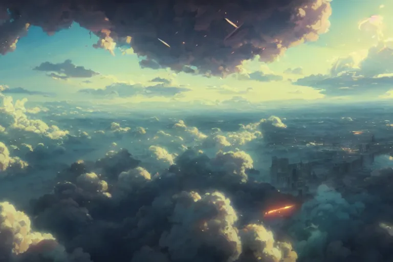 Image similar to ultra realistic flying city on clouds, colors, 8 k, hd, details, fantasy, epic, ancient city, landscape illustration concept art anime key visual trending pixiv fanbox by wlop and greg rutkowski and makoto shinkai and studio ghibli and kyoto animation symmetrical facial features