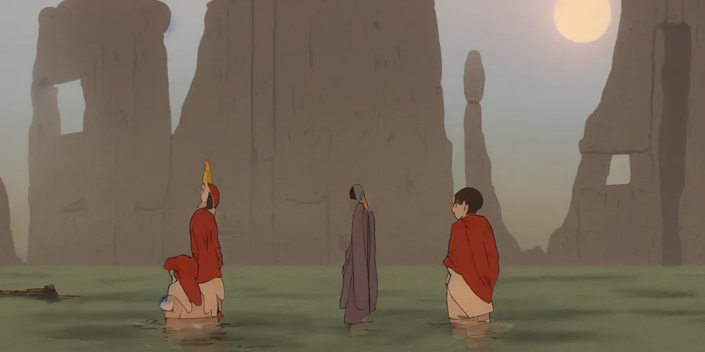 Prompt: a realistic cell - shaded studio ghibli concept art from paprika ( 2 0 0 6 ) of an anthropomorphic dolphin from close encounters of the third kind ( 1 9 7 7 ) in a flooded monument valley stonehenge. a monk in a robe is meditating in the foreground. very dull colors, wide shot, hd, 4 k, hq