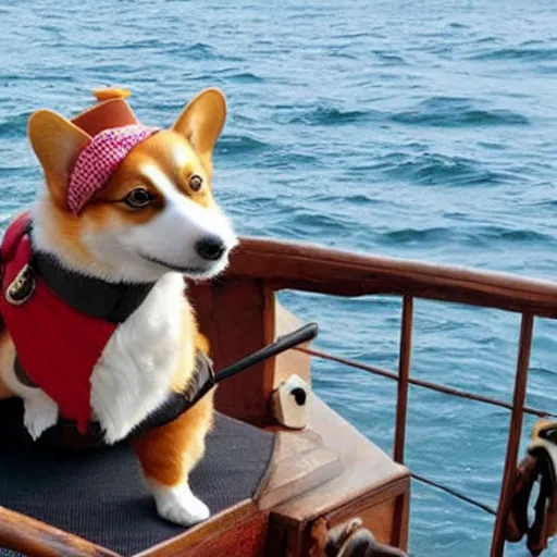 Prompt: a pirate corgi, corgi on a pirate ship in the sea