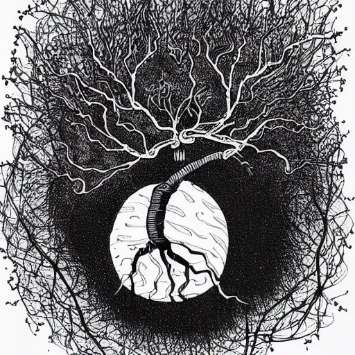 Image similar to black and white ink doodle illustration of an ancient tree floating in outer space, overgrown with funghi, style by peter deligdisch, peterdraws