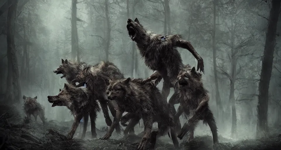 Prompt: an epic action concept masterpiece of a rabid wolfpack, in a forest made of nightmares, horrific digital art, extremely moody lighting, style of igor kieryluk