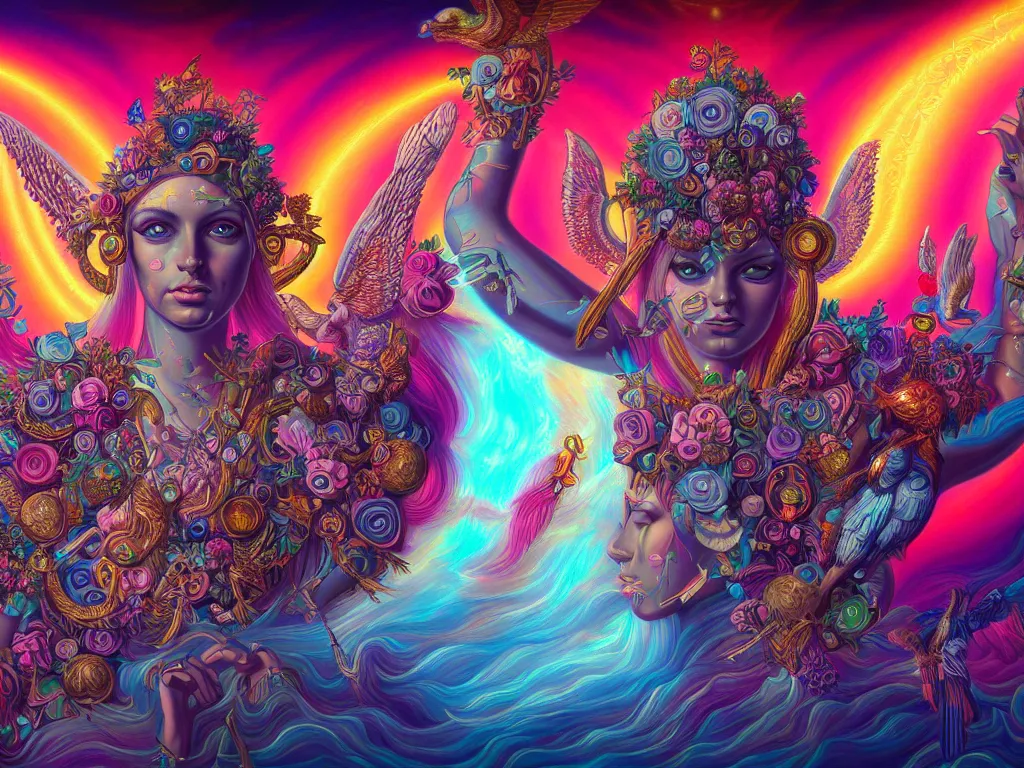 Image similar to a beautiful hyperdetailed painting of divine human spiritual evolution, retrowave fantasy, wallpaper, highly detailed, trending on artstation.