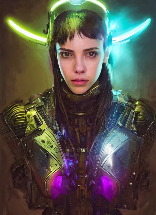 Image similar to a professional portrait of a beautiful young female, clothed in electric neon armor, olive skin, long dark hair, beautiful bone structure, symmetrical facial features, intricate, elegant, digital painting, concept art, smooth, sharp focus, finely detailed, illustration, from Valerian and the City of a Thousand Planets, by Ruan Jia and Mandy Jurgens and Artgerm and William-Adolphe Bouguerea