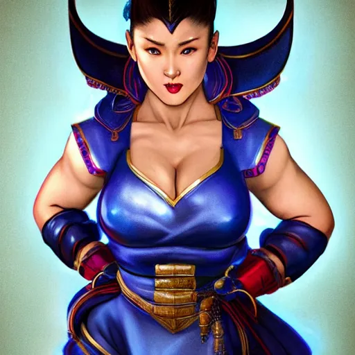 Image similar to Chun-Li ready to fight, full body shot, fantasy, medieval, beautiful face, vivid colors, elegant, concept art, sharp focus, digital art, Hyper-realistic, 4K, Unreal Engine, Highly Detailed, HD, Dramatic Lighting by Brom, trending on Artstation