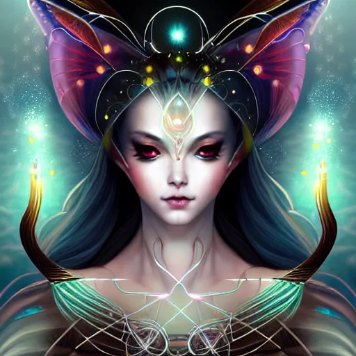 Prompt: a symmetrical portrait of a mystical feminine creature with glowing energies and particals, metal scales, surrounded by spirits, gloomy cinematic lighting, highly detailed, illustrated novel, by artgerm and miura