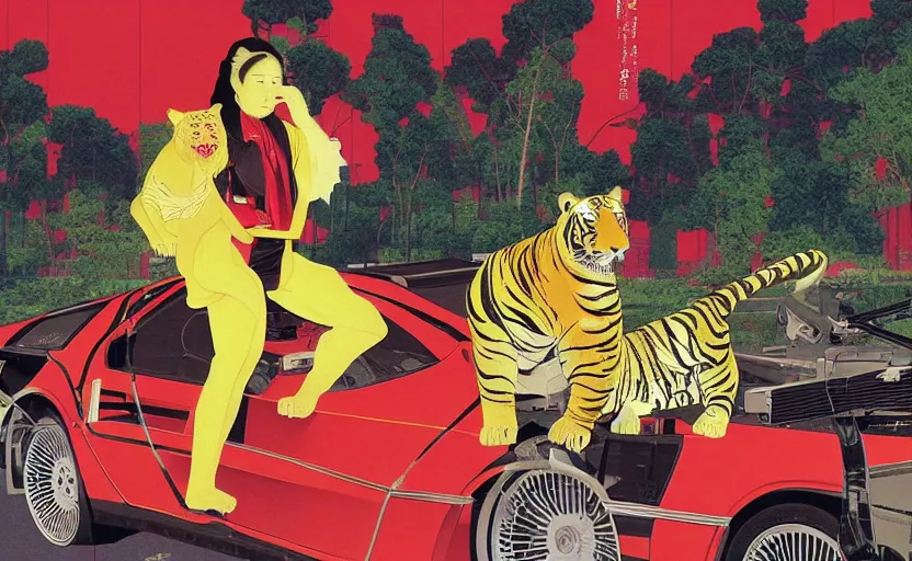 Image similar to a red delorean and a yellow tiger, painting by hsiao - ron cheng & utagawa kunisada, magazine collage style,