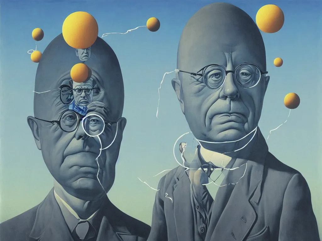 Image similar to the giant head of stanislaw lem is hovering above the futurological congress, painted by james jean and rene magritte