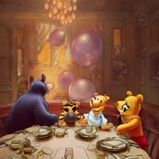 Prompt: Winnie the Pooh invites Tiger and Piglet to dine in a very fancy restaurant. Elegant, intricate, digital painting, artstation, concept art, smooth, sharp focus, illustration, art by artgerm and greg rutkowski and alphonse mucha