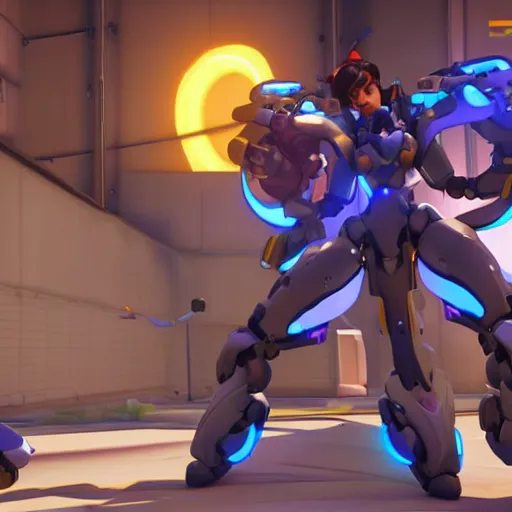 Image similar to overwatch 4 k ray tracing, highly detailed, d. va mech shooting, fighting on point, capturing