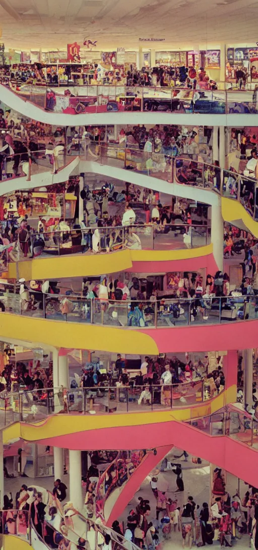 Prompt: the interior of a colorful 1 9 8 0 s mall packed with mall - goers
