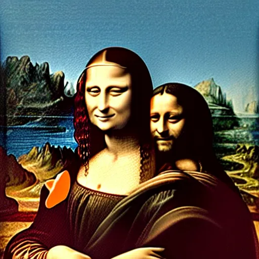 Image similar to Mona Lisa hugging leonardo da vinci