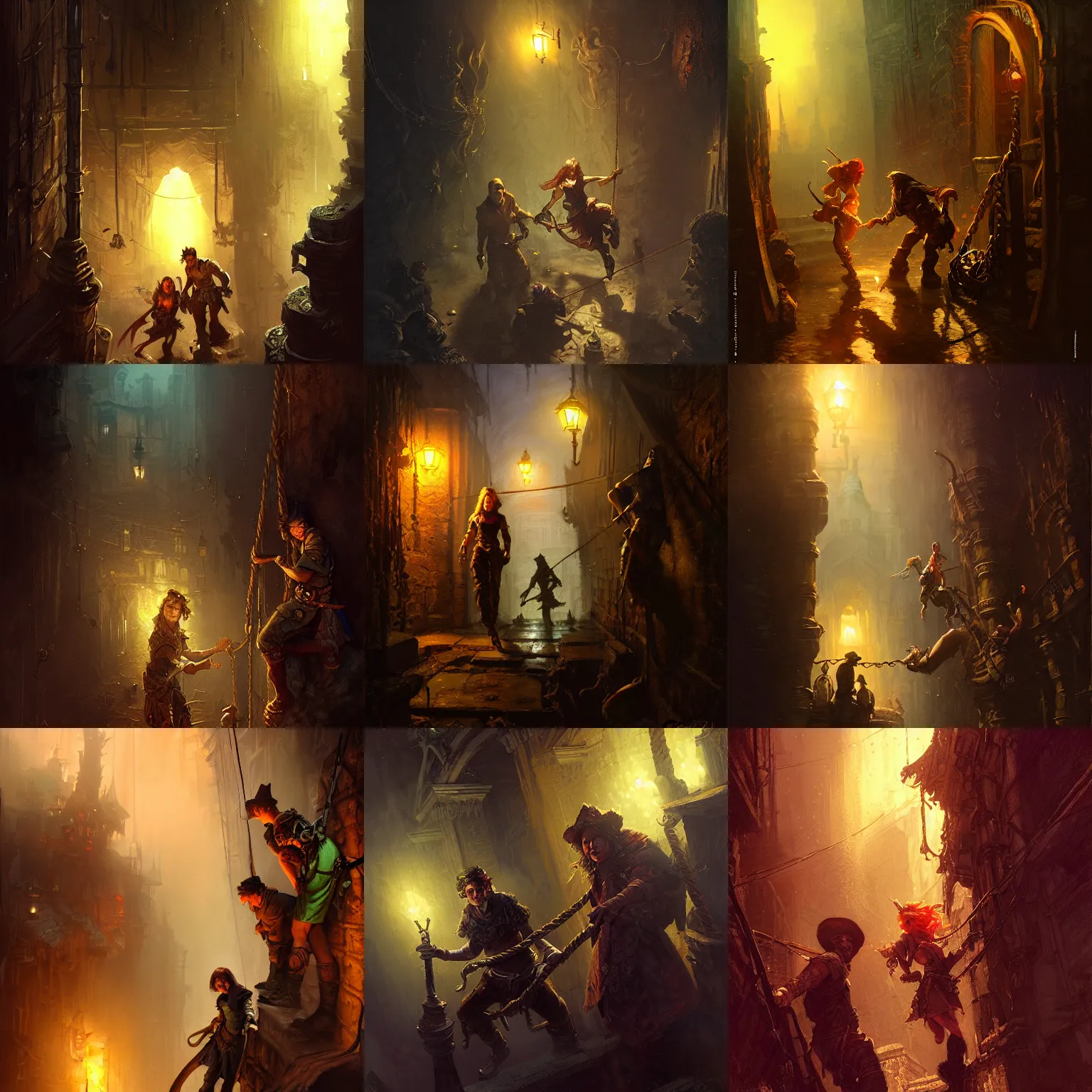 Prompt: couple of boy and girl as dnd thiefs climb down by rope down, dark sewer, torchlights, thievery equipment, night, slime, fogy, shade, fantasy digital art, detailed face, gorgeous, colorfull, amazing, intricate, highly detailed, painting by gaston bussiere, craig mullins