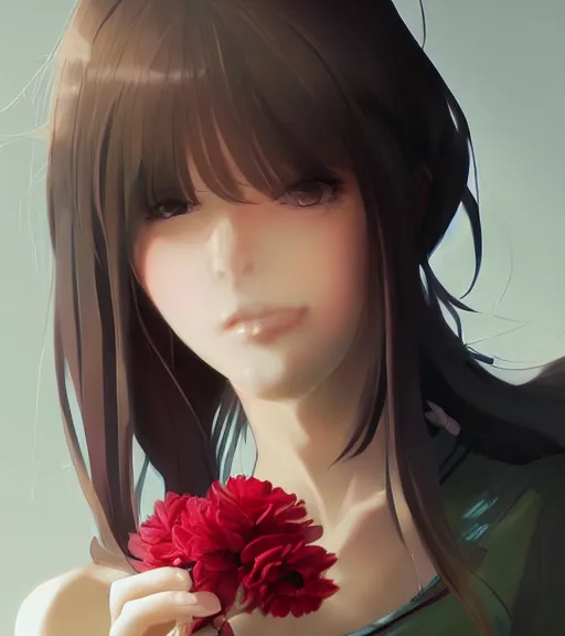Image similar to pretty woman holding a flower, by wlop, poster, anime key visual, artstation