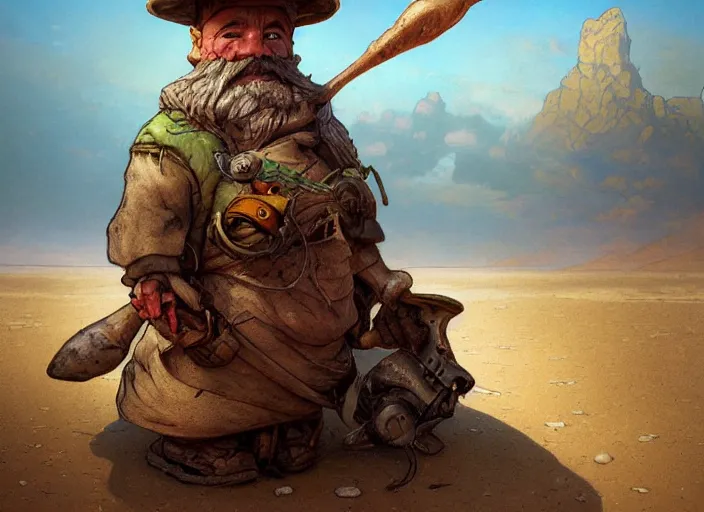 Image similar to a forgotten garden gnome surviving in a vast barren desert, hopeless wasteland background with a relentless raging sun overhead, hot, oppressive, an ultrafine detailed painting by stanley artgerm lau, greg rutkowski, thomas kindkade, alphonse mucha, loish, trending on deviantart, pop surrealism, whimsical, lowbrow, perfect symmetrical face