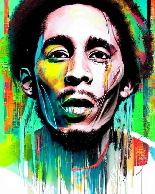 Prompt: a cyberpunk portrait of a bob marley by jean - michel basquiat, by hayao miyazaki by artgerm, highly detailed, sacred geometry, mathematics, snake, geometry, cyberpunk, vibrant, water