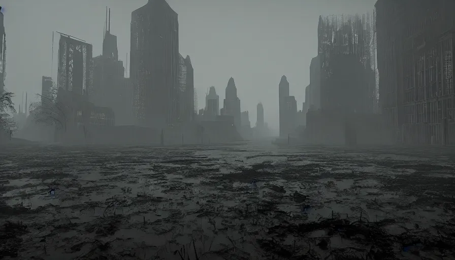 Prompt: dark, misty, foggy, muddy, bog, marsh, flooded chicago city street swamp in destiny 2, skyscrapers and buildings and cars, liminal creepy, dark, dystopian, abandoned, highly detailed 4 k in - game destiny 2 screenshot gameplay showcase