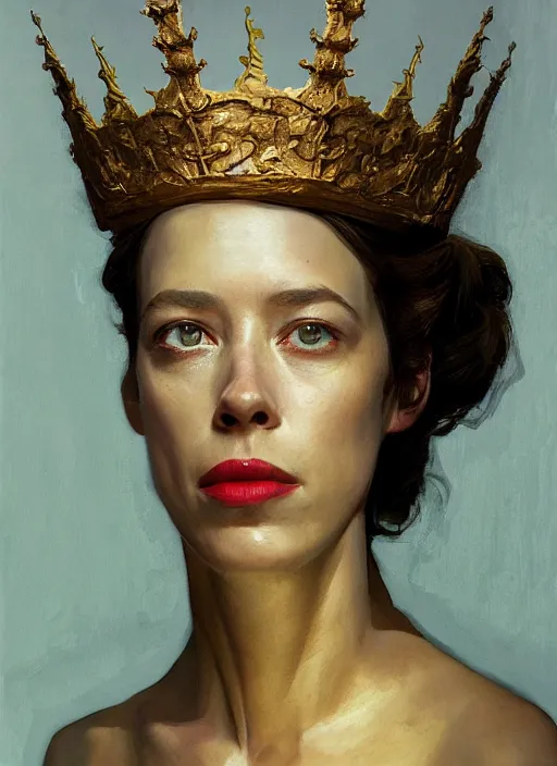 Image similar to rebecca hall portrait wearing golden metal crown by edward hopper and james gilleard, zdzislaw beksinski, highly detailed