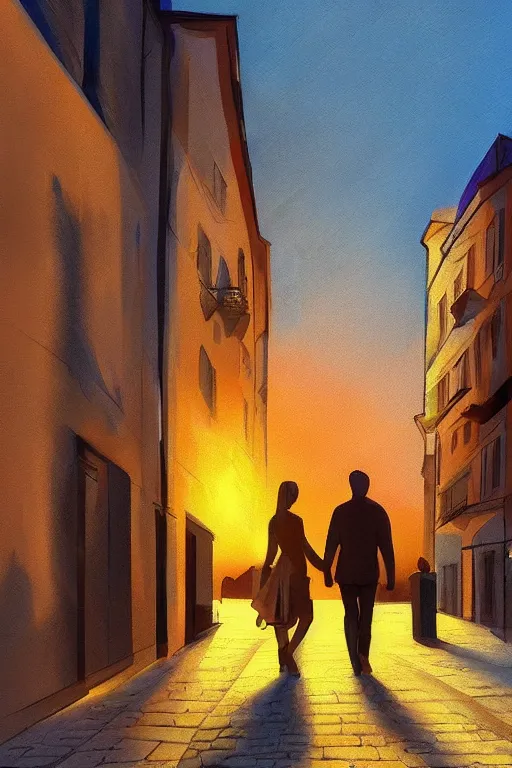 Image similar to two lovers are walking on a beautiful sarajevo sunset, trending on art station