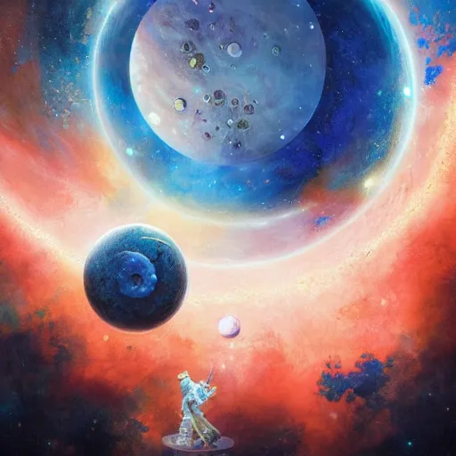 Prompt: prompt crystalline blue scales, dragon in space, biting a planet, sun system, nebula, oil painting, by Fernanda Suarez and and Edgar Maxence and greg rutkowski