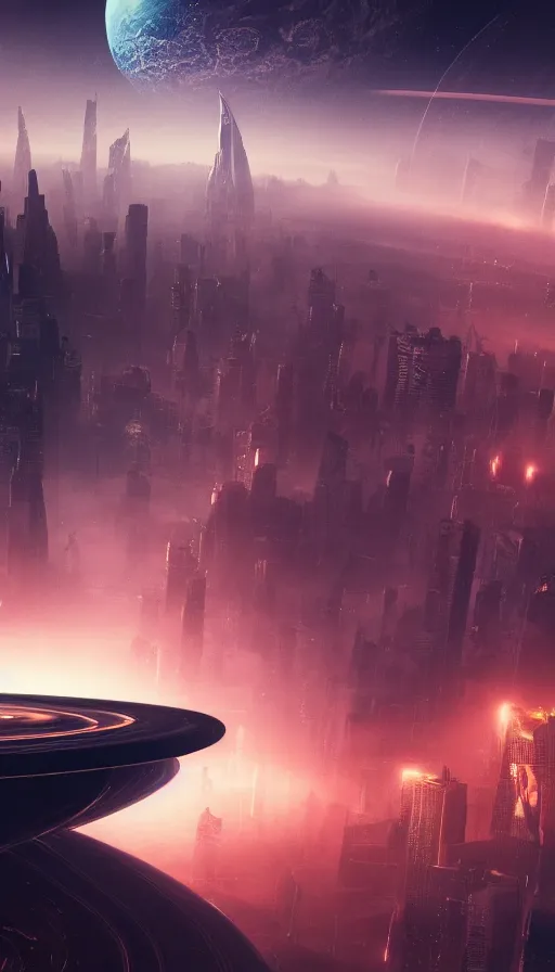 Image similar to an otherworldly futuristic Blade Runner cityscape with the planet Saturn looming large in the background, ultra realistic, 8K