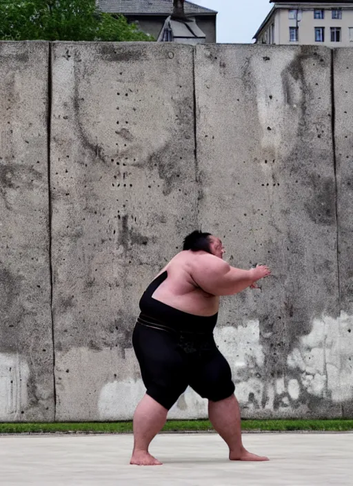 Prompt: A Sumo wrestler jumps 10 feet into the air over the berlin wall made of harry potter's village