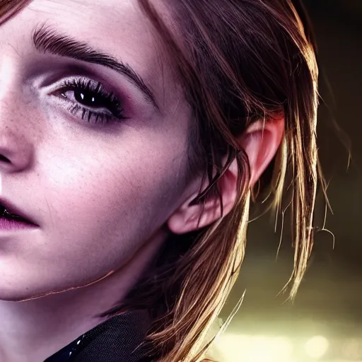 Image similar to full shot photograph portrait of a woman as Emma Watson as Dva from Overwatch, elegant, 70mm lens, outdoors lighting, nature background, symmetric circular iris, detailed moisture, detailed droplets, detailed intricate hair strands, DSLR, ray tracing reflections, symmetrical face and body, gottfried helnwein and Irakli Nadar, eye reflections, focused, unreal engine 5, vfx, post processing, post production, single face