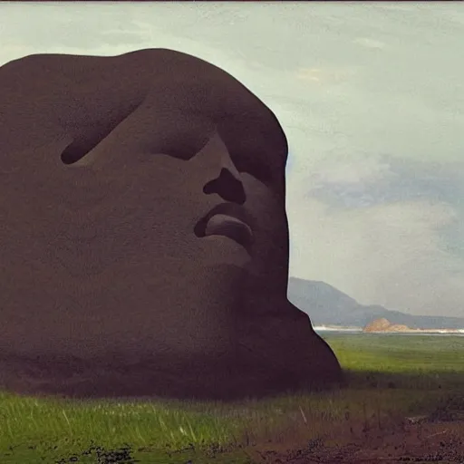 Prompt: accurate by he jiaying, by peder balke. a land art of a large granite boulder carved to resemble a human face. the nose is slightly upturned, & the eyes & mouth are closed.