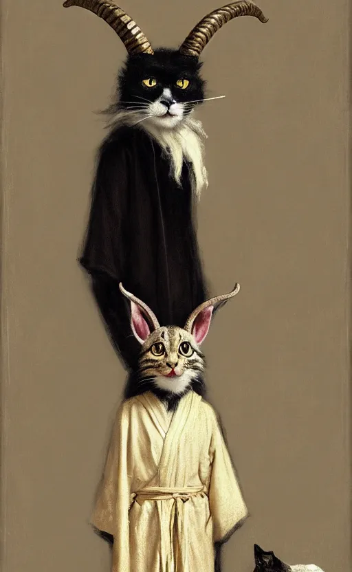 Prompt: a bipedal cat that has goat horns, anthropomorphic cat that is wearing robes, matte oil painting, by james abbott mcneill whistler, d & d, character reveal, fantasy, concept art, cosmic, magical, fog, noble, full body portrait, intricate, ornate, extremely detailed, cult, ritual, sharp focus, 4 k, 8 k