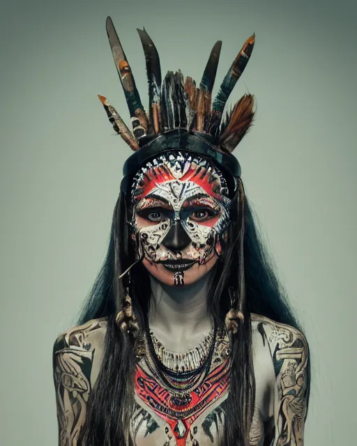 Image similar to photorealistic head and shoulders photo of beautiful female ornate fantasy indian tribal aztec warrior goddess, confident, minimal black skull warpaint, tattoos, Neil Blevins, James Paick, Natasha Tan Maciej Kuciara, Frank frazetta, arney freytag, Ritu Kumar, Sabyasachi Mukherjee, Annie Leibowitz, Magic the gathering,octane, bokeh, 8k, fashion pose, cinematic, National Geographic photo shoot, 28mm