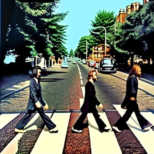 Prompt: abbey road with the three stooges,
