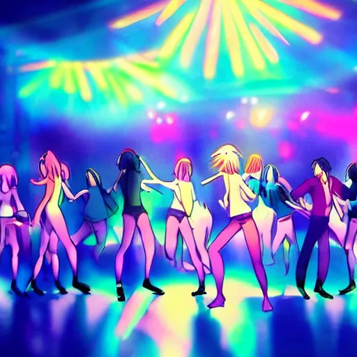 Image similar to dark dancing silhuettes in a dance club, colorful lights, dramatic lighting, a lot of energy, still from an anime by studio ghibli