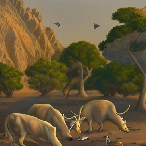 Image similar to animals drinking at a desert oasis