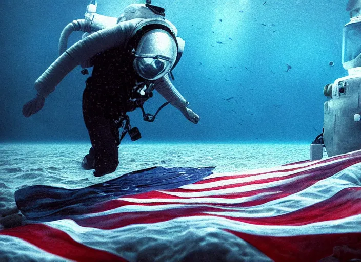 Image similar to astronaut underwater putting a flag on the sand in the bottom of the ocean. in the background, a submarine is visible. dark, concept art, cinematic, dramatic, atmospheric, 8 k, trending on artstation, zack snyder