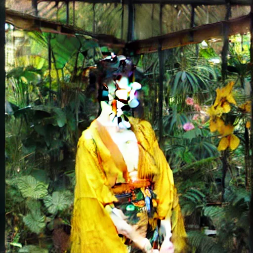 Prompt: photograph of an young woman wearing a yellow kimono in a tropical greenhouse, by james gurney, by john william waterhouse, Extremely detailed. 4K. 35mm lens