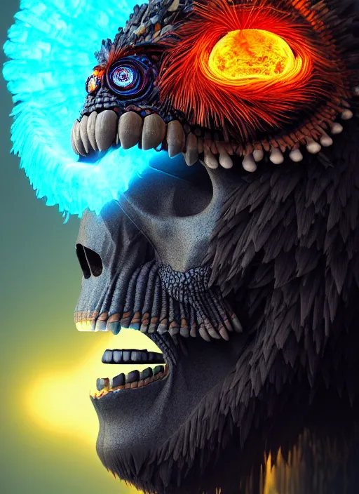 Prompt: 3 d ape shaman mage profile portrait, sigma 5 0 0 mm f / 5. beautiful intricate highly detailed quetzalcoatl skull and feathers. bioluminescent, plasma, lava, ice, water, wind, creature, thunderstorm! artwork by tooth wu and wlop and beeple and greg rutkowski, 8 k trending on artstation,