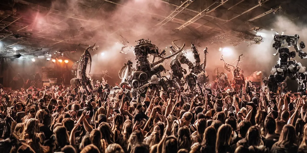 Image similar to a crowd of elephants and lizards robots playing steampunk futuristic instruments in a grindcore show