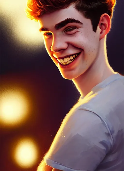 Image similar to portrait of teenage archie andrews, freckles, curly middle part haircut, curly hair, smiling kindly, intricate, elegant, glowing lights, highly detailed, digital painting, artstation, concept art, smooth, sharp focus, illustration, art by wlop, mars ravelo and greg rutkowski