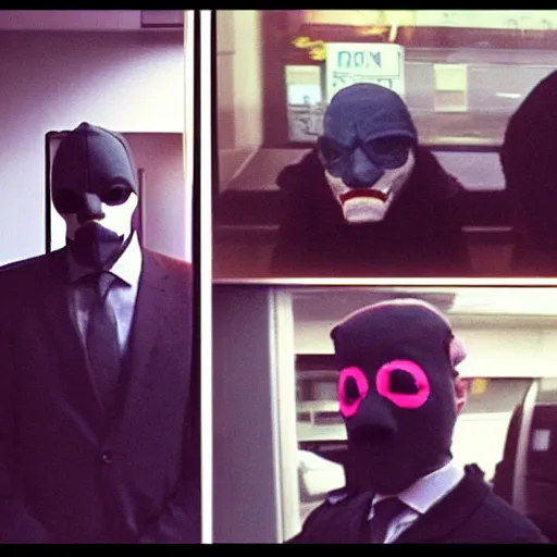 Prompt: cctv footage of four robbers at a bank wearing payday 2 masks, film grain