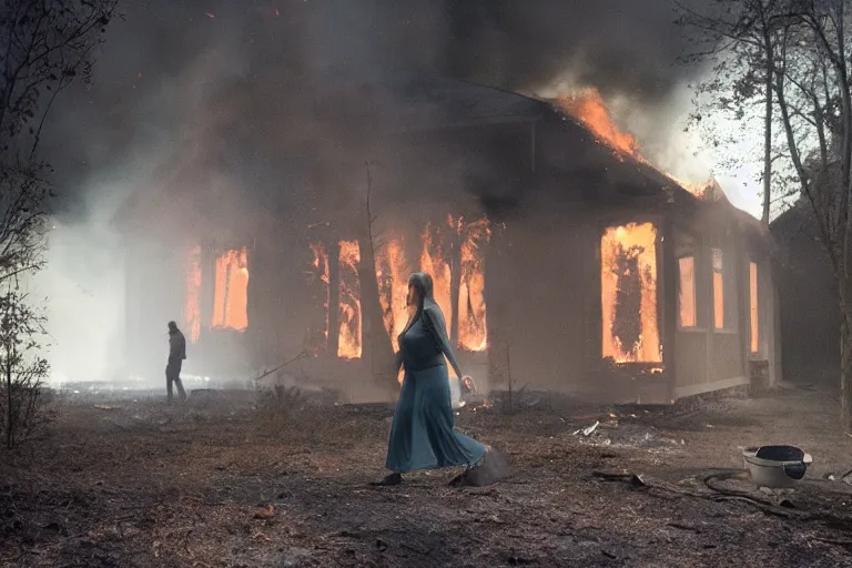 Prompt: Gregory Crewdson full color Photography, A woman walks calmly while her house is on fire