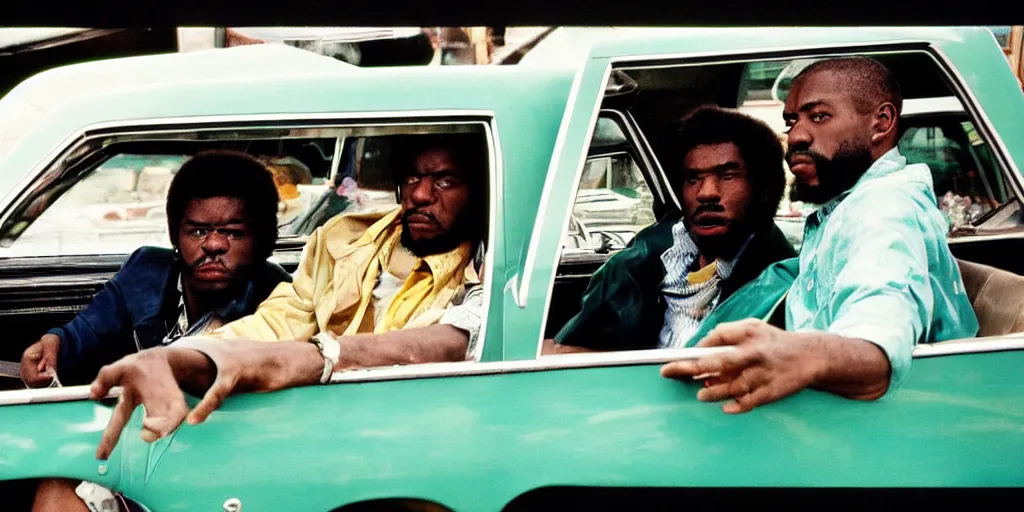 Image similar to bronx, black men sit in the 7 0 s car, holding a magnum, closeup, coloured film photography, bruce davidson photography