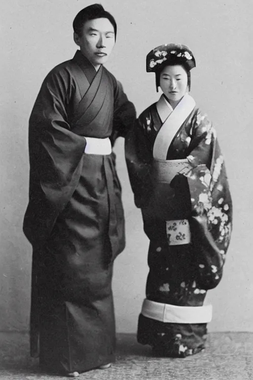 Image similar to anthropomorphic asian black bear in traditional Japanese mens clothing, posing with Japanese girl in kimono, 1900s photo